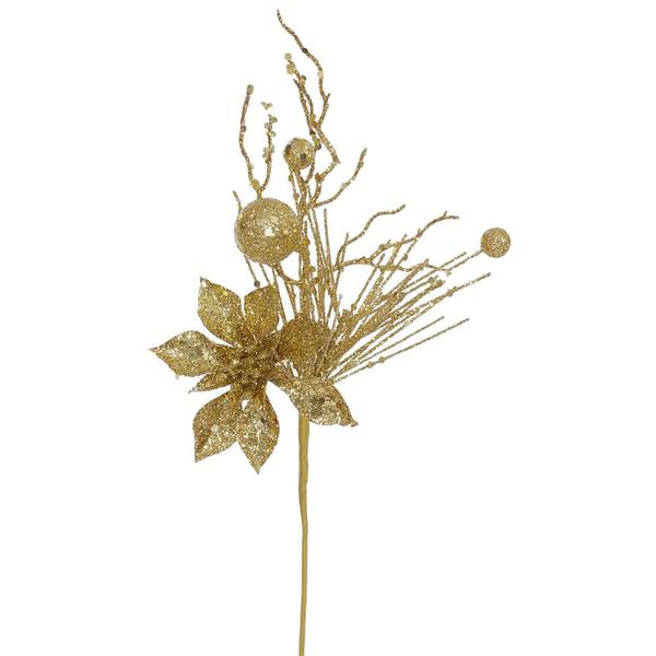14" Gold Glitter Poinsettia Berry Spray