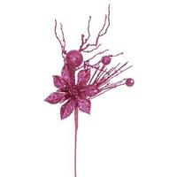 Vickerman 14" Fuchsia Glitter Poinsettia Berry Spray