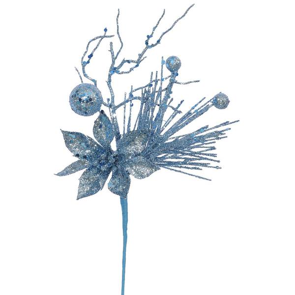 14" Teal Glitter Poinsettia Berry Spray