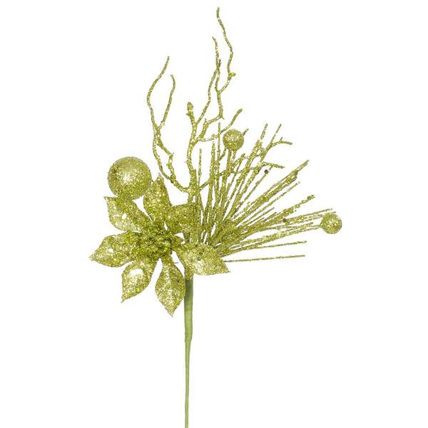14" Lime Glitter Poinsettia Berry Spray