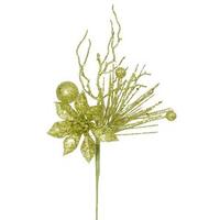Vickerman 14" Lime Glitter Poinsettia Berry Spray