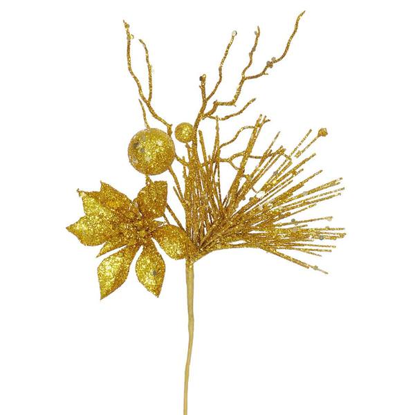 14" Antique Gold Glitter Poinsettia Berry Spray