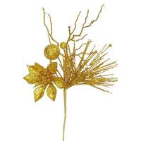 Vickerman 14" Antique Gold Glitter Poinsettia Berry Spray