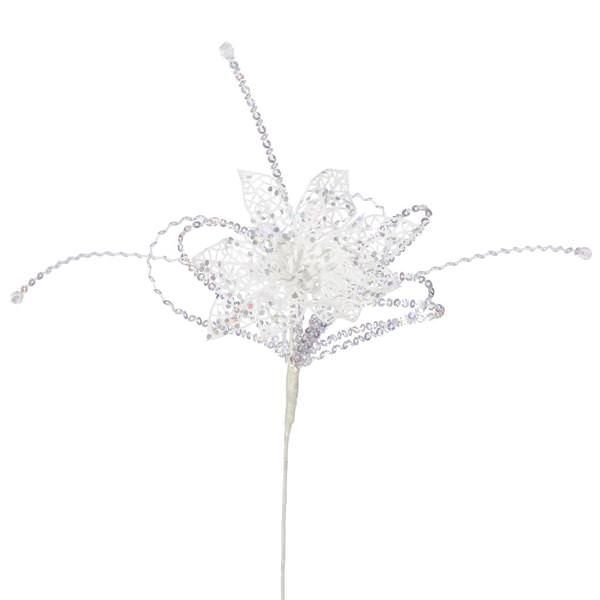 15" White Iridescent Glitter Poinsettia Sequin Loops Spray