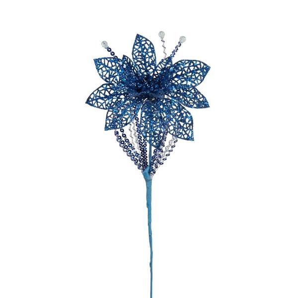 15" Blue Glitter Poinsettia Sequin Loops Spray Christmas Decoration