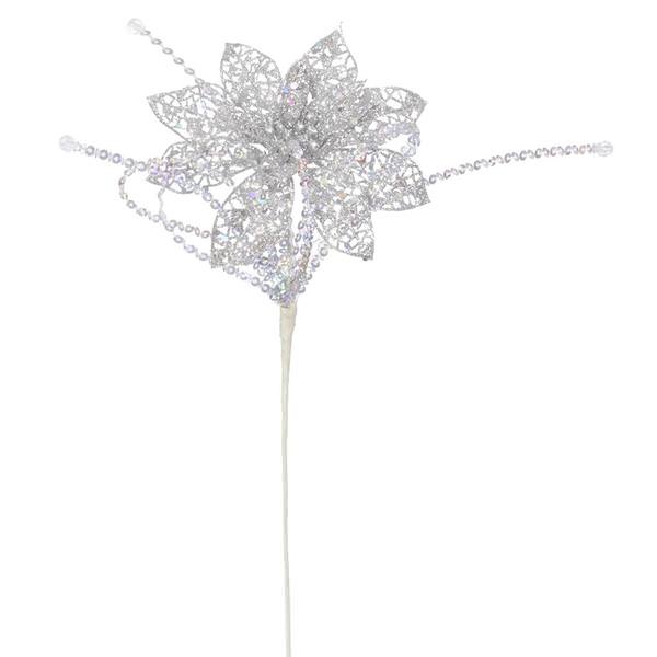 15" Silver Glitter Poinsettia Sequin Loops Spray