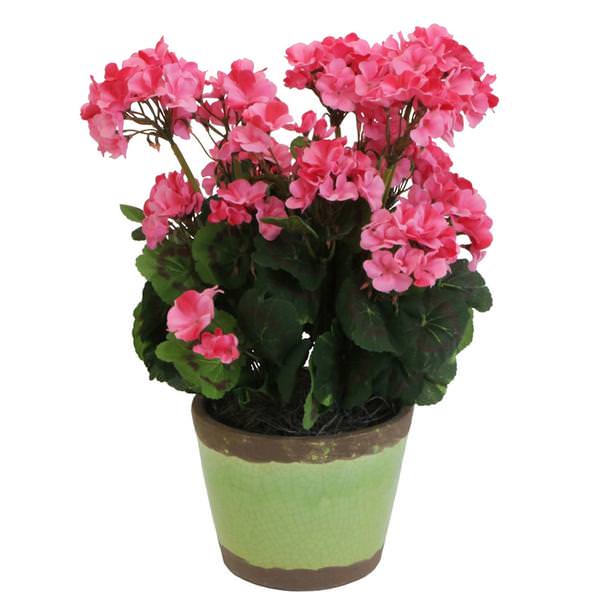 18" Artificial Pink Geranium in Green Garden Pot
