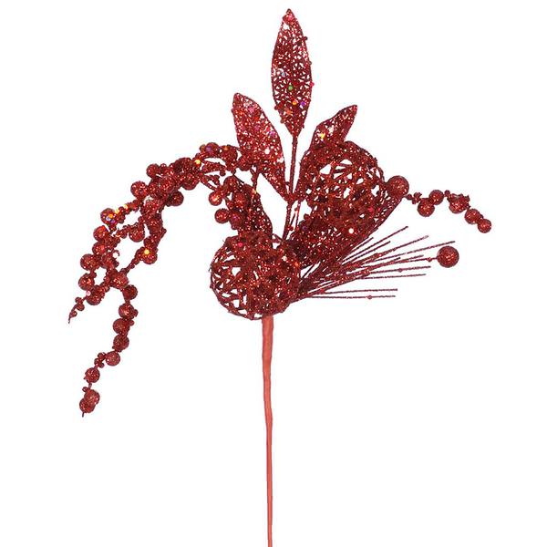 20" Red Glitter Ball Pine Spray