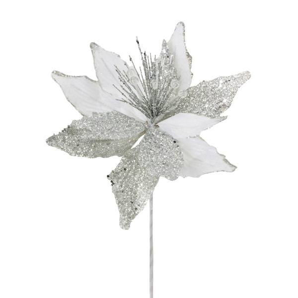 22" White Silver Glitter Poinsettia Spray with Beads