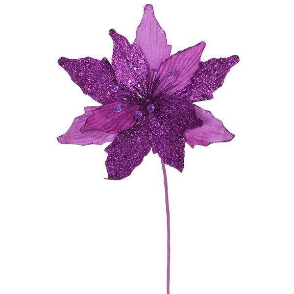 22" Purple Glitter Poinsettia Spray with Beads