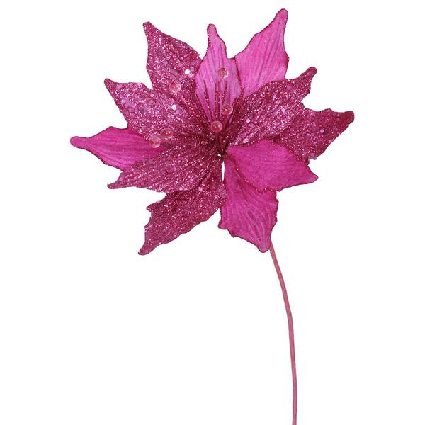 22" Fuchsia Glitter Poinsettia Spray with Beads