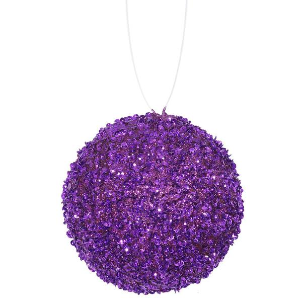 3" Purple Beaded Sequin Ball Ornament (6 pack)