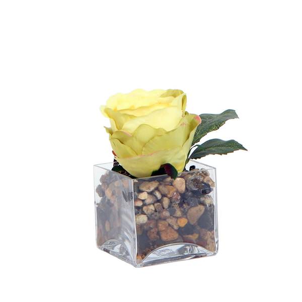 6" Artificial Yellow Rose Glass Square