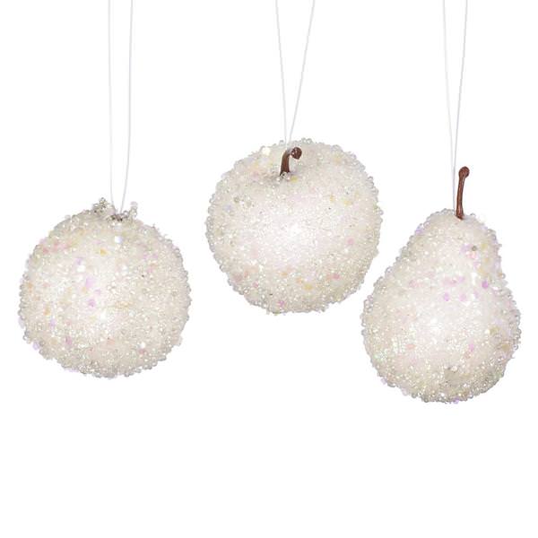 3.2" White Glitter Beaded Fruit Ornament (3 pack)