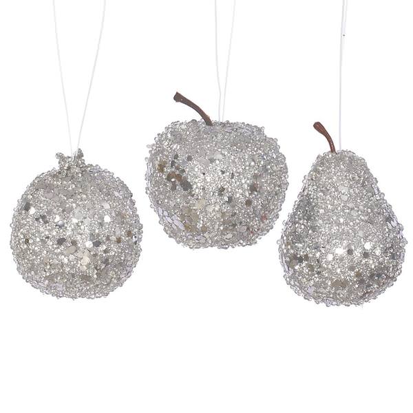 3.2" Silver Glitter Beaded Fruit Ornament (3 pack)