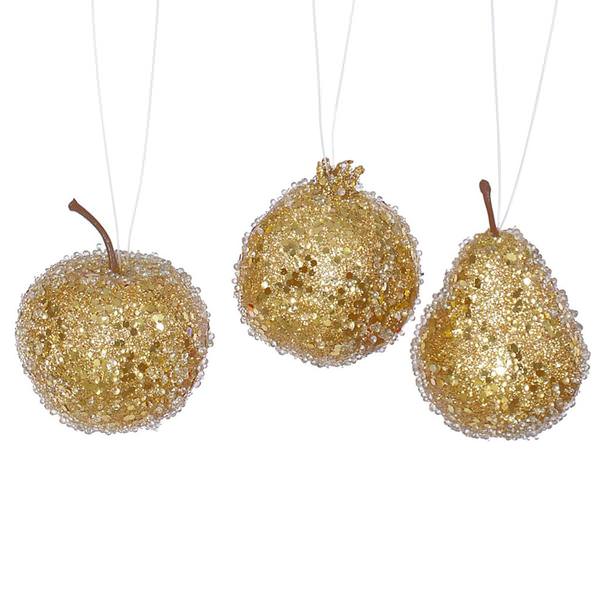 3.2" Gold Glitter Beaded Fruit Ornament (3 pack)