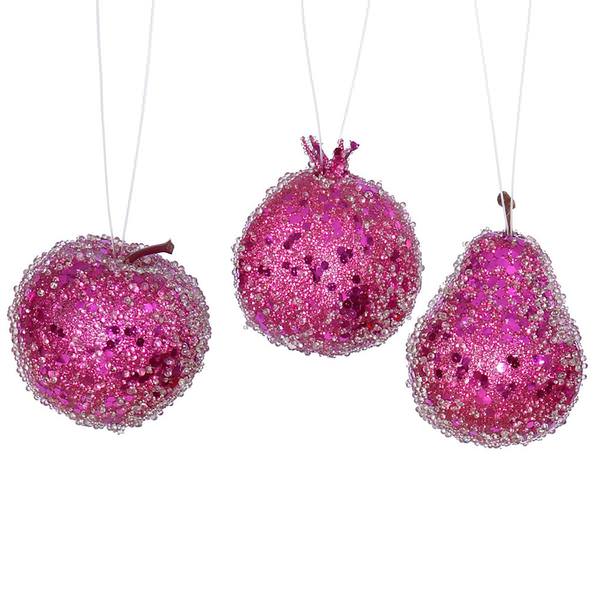 3.2" Magenta Glitter Beaded Fruit Ornament (3 pack)