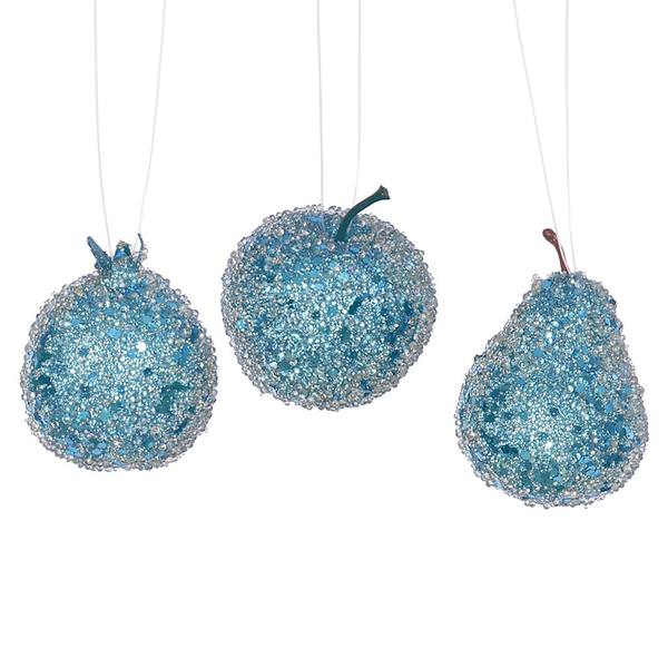 3.2" Turquoise Glitter Beaded Fruit Ornament (3 pack)