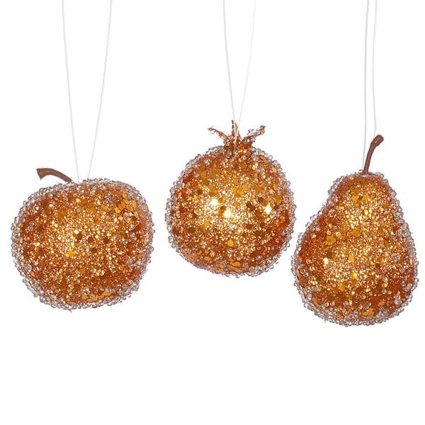 3.2" Burnished Orange Glitter Beaded Fruit Ornament (3 pack)