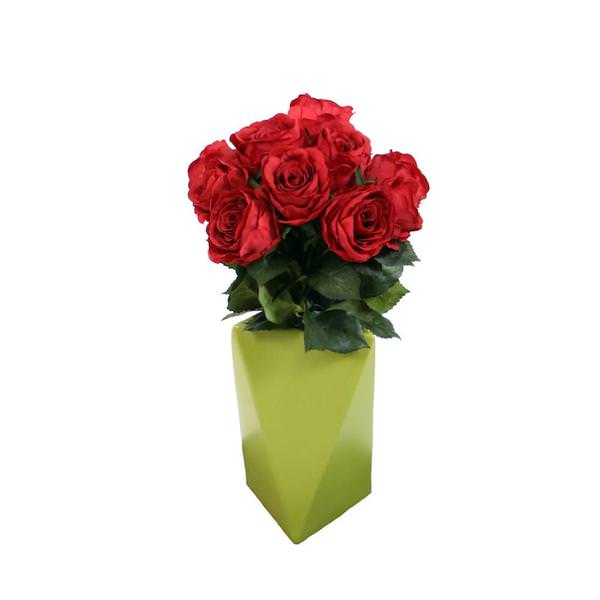 20" Artificial Red Roses in Chartreuse Geometric Vase