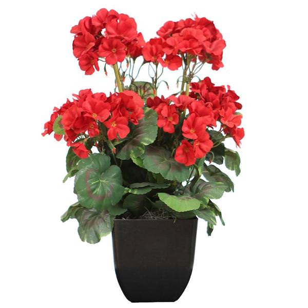 15" Artificial Red Geranium Bush in Black Pot