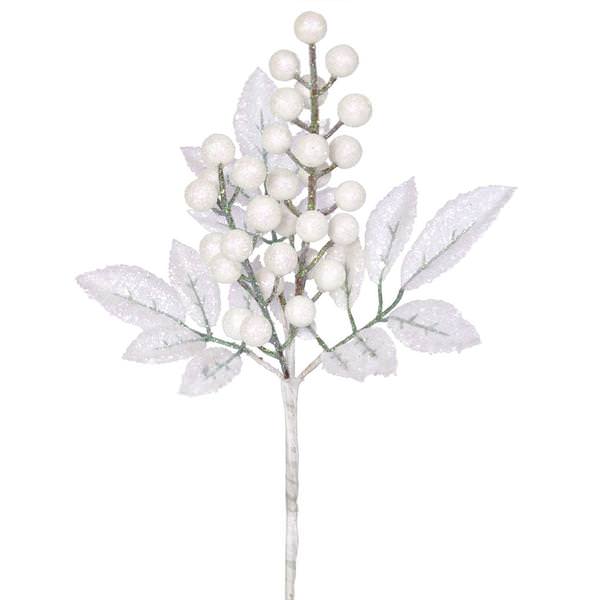 8" White Glitter Sequin Berry Leaves Spray