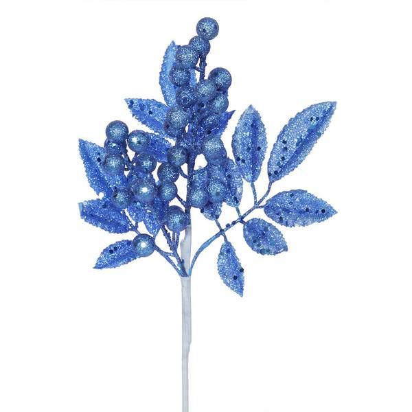 8" Blue Glitter Sequin Berry Leaves Spray
