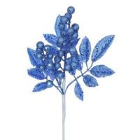 Vickerman 8" Blue Glitter Sequin Berry Leaves Spray