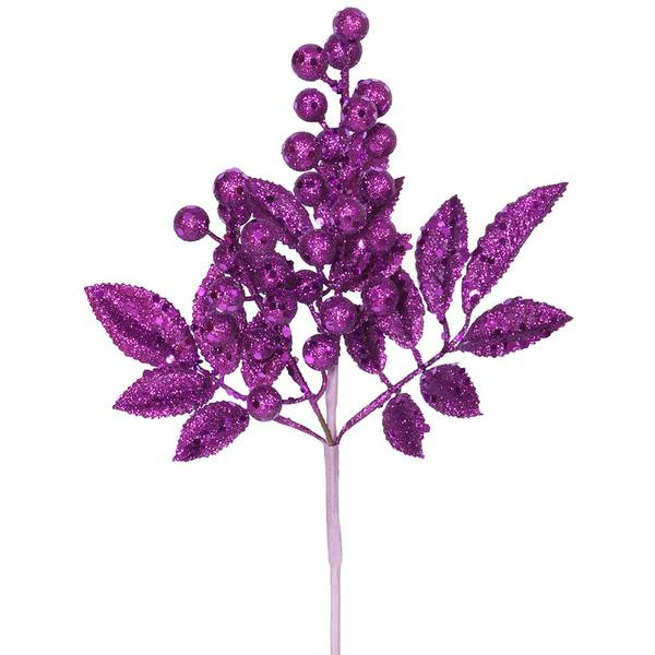 8" Purple Glitter Sequin Berry Leaves Spray