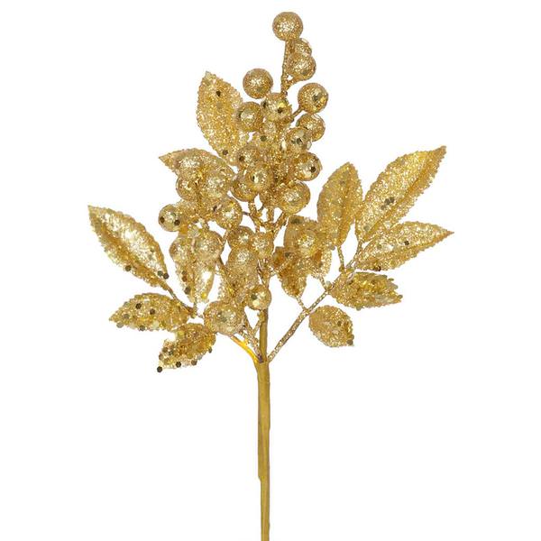 8" Gold Glitter Sequin Berry Leaves Spray