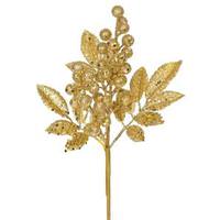 Vickerman 8" Gold Glitter Sequin Berry Leaves Spray