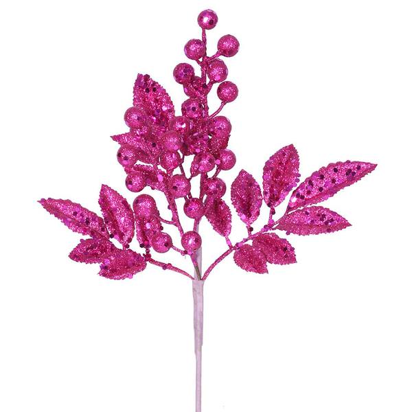 8" Magenta Glitter Sequin Berry Leaves Spray