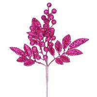 Vickerman 8" Magenta Glitter Sequin Berry Leaves Spray