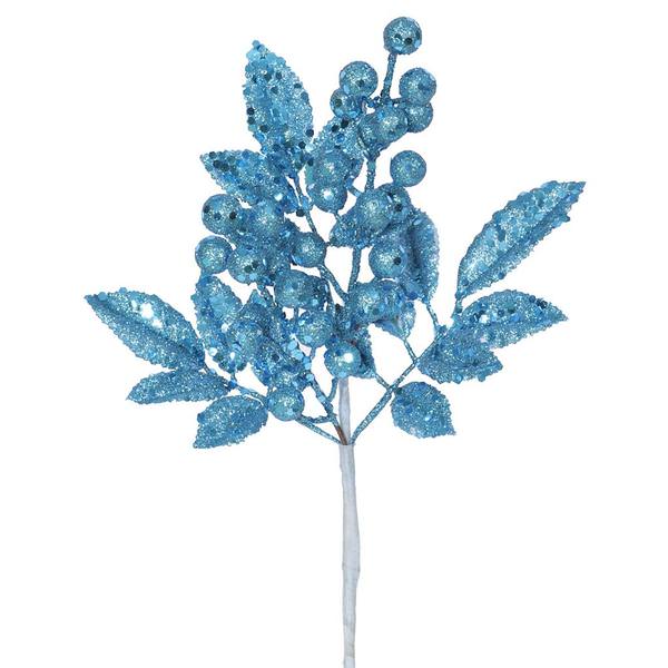 8" Turquoise Glitter Sequin Berry Leaves Spray