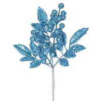 Vickerman 8" Turquoise Glitter Sequin Berry Leaves Spray