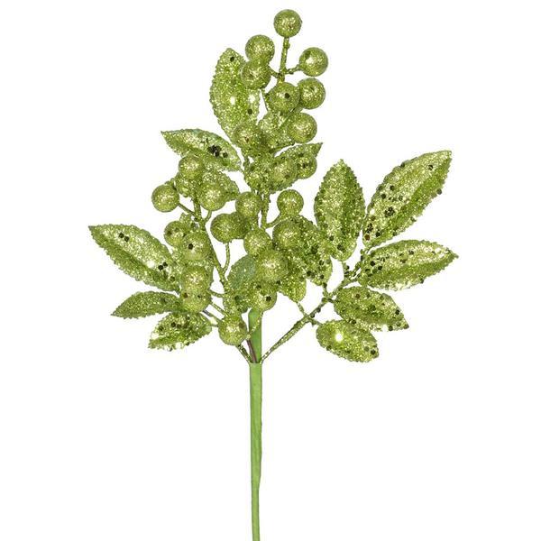 8" Lime Glitter Sequin Berry Leaves Spray