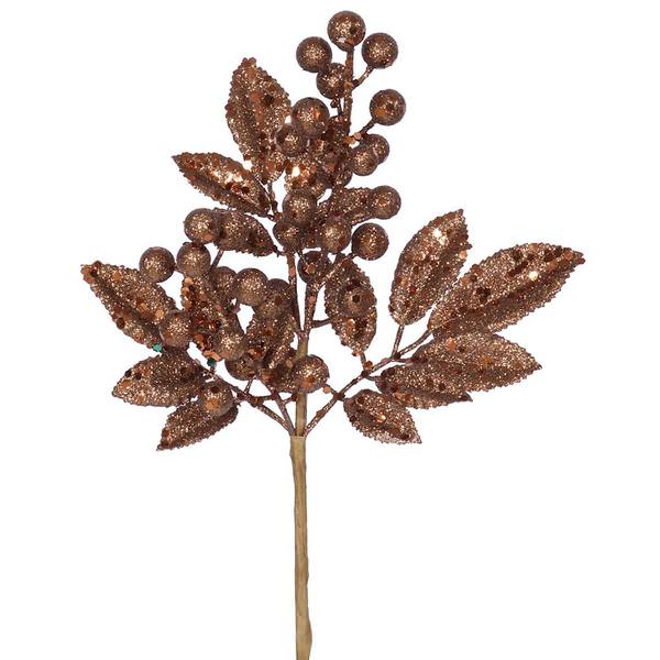 8" Chocolate Glitter Sequin Berry Leaves Spray