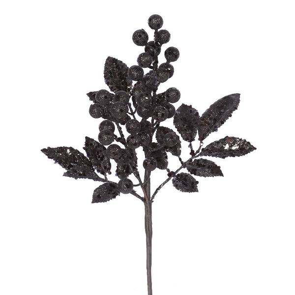 8" Black Glitter Sequin Berry Leaves Spray
