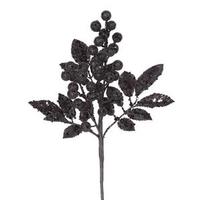 Vickerman 8" Black Glitter Sequin Berry Leaves Spray