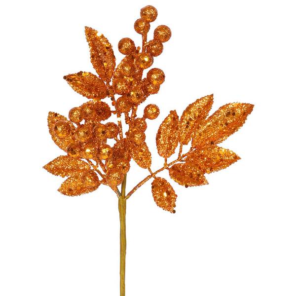 8" Burnished Orange Glitter Sequin Berry Leaves Spray