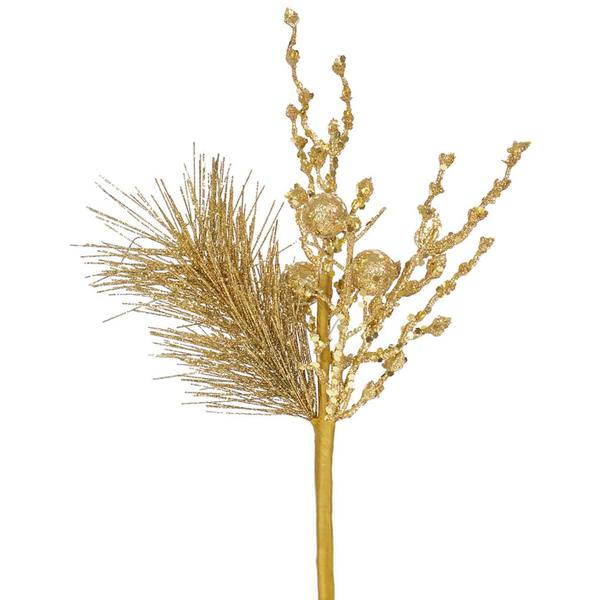 8" Gold Glitter Sequin Berry Pine Spray