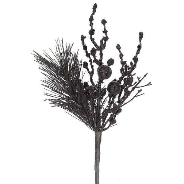 8" Black Glitter Sequin Berry Pine Spray