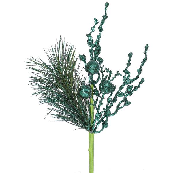 8" Emerald Glitter Sequin Berry Pine Spray