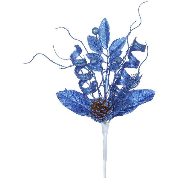 8" Blue Glitter Sequin Foliage Cone Spray