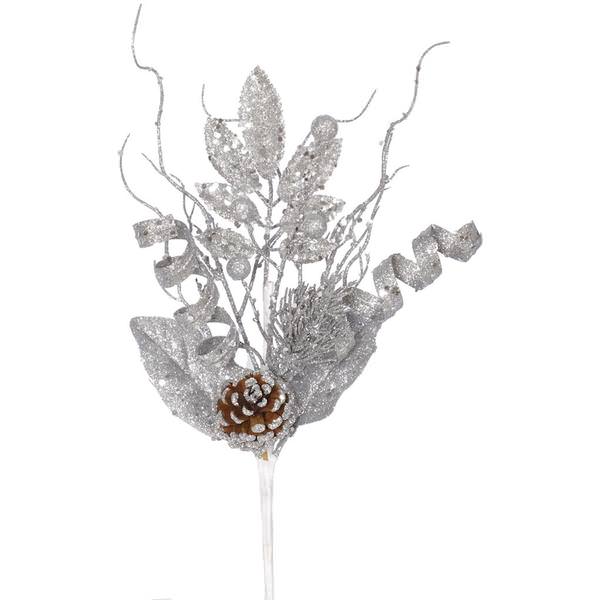 8" Silver Glitter Sequin Foliage Cone Spray