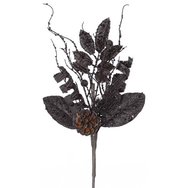 8" Black Glitter Sequin Foliage Cone Spray