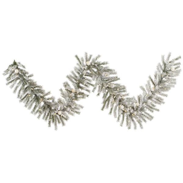 9' X 14" Artificial Flocked London Fir Garland 110 Warm White Italian LED / Frosted White G40 Lights