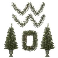 Vickerman Artificial Lit Potted Christmas Tree, Lit Rectangle Wreath, Lit Garland Front Door Set (Set of 5)