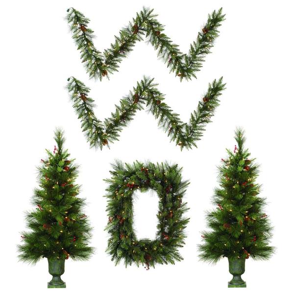 Artificial Lit Potted Vallejo Mix Christmas Tree, Lit Rectangle Wreath, Lit Garland Front Door Set (Set of 5)