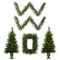 Vickerman Artificial Lit Potted Vallejo Mix Christmas Tree, Lit Rectangle Wreath, Lit Garland Front Door Set (Set of 5)